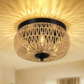 A2-220604a1-320 Aivvus 3-lights Woven Rattan Flush Mount Ceiling Light Fixture With Brown