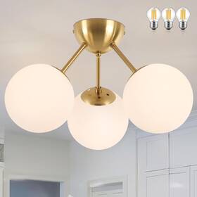 Bagood 702465205494 Mid-century Modern Semi Flush Mount Ceiling 3 Lights - Opal And Brass