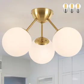 Bagood 702465205494 Mid-century Modern Semi Flush Mount Ceiling 3 Lights - Opal And Brass