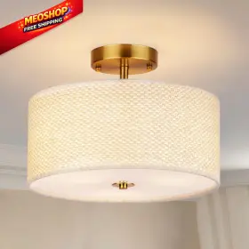 Cl-lg-019 Clarsyne 13 Inch Boho Rattan-style Semi Flush Mount Ceiling Light Fixture White
