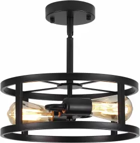 Heircido 768443091466 Industrial Black Semi Flush Mount Ceiling Light Farmhouse Kitchen 2 Lights
