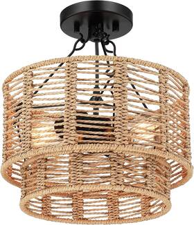Hermasgi Brcl02-05 12.6ftft Farmhouse Rattan Semi Flush Mount Ceiling Light Boho Beige-two Tier