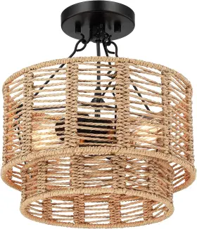 Brcl02-05 Hermasgi 12.6ftft Farmhouse Rattan Semi Flush Mount Ceiling Light Boho Beige-two Tier