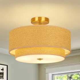 Clfb-zy-003 Hiluxia 16 Inch Modern Semi Flush Mount Ceiling Light Fixture Woven Rattan