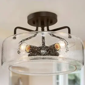 Log Barn 811159035788 Semi Flush Mount Ceiling Light With Seeded Glass Shade For Black