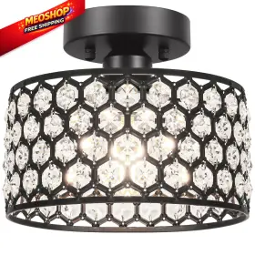 2527 Lxybcce Black Crystal Ceiling Light Fixture - Modern Semi Flush 9in
