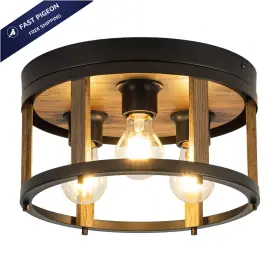 Yg-50201-3x-bk Mayna 3-light Retro Farmhouse Flush Mount Round Vintage Metal And Wood