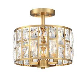 Mexo 735626652752 Gold Finish 3lt Crystal Semi Flush Mount Ceiling Light Gold-3-light