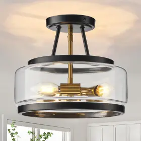 86210 Oiyam Black Gold Semi Flush Mount Ceiling Light 3-light Modern Industrial