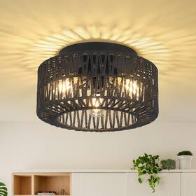 Pauful 230404b1 Rattan Light Fixtures 3-light Boho Flush Mount Farmhouse B-black