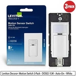 (3) Leviton Decora Motion Sensor Light Switch Single Pole, White R02-DOS02-1LW New. Price: $43.95.