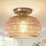 Vintage Gold Semi Flush Mount Light With Amber Glass For Hallway & Kitchen New. Price: $153.99.