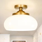 Mid-century Gold Semi Flush Mount Light With Milk Glass Shade 12 Inch New. Price: $99.99.